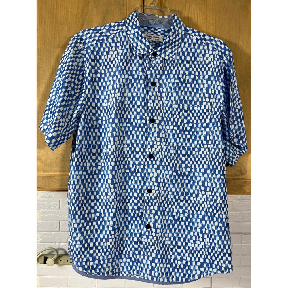 Tommy Bahama Button‎ Down Mens Large Blue Coconut Point Short Sleeve Ikat Dot